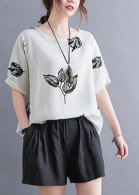 Beautiful White Print leaf Shirt Tops Summer Cotton Linen - bagstylebliss