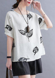 Beautiful White Print leaf Shirt Tops Summer Cotton Linen - bagstylebliss