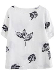 Beautiful White Print leaf Shirt Tops Summer Cotton Linen - bagstylebliss