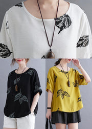 Beautiful White Print leaf Shirt Tops Summer Cotton Linen - bagstylebliss