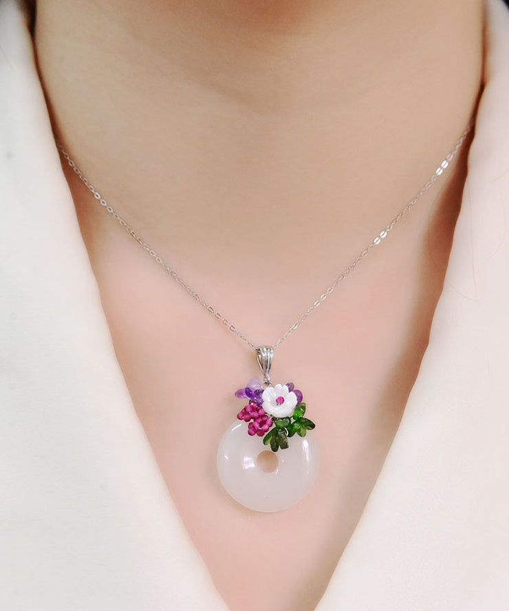 Beautiful White Sterling Silver Jade Ping Buckle Pendant Necklace