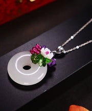 Beautiful White Sterling Silver Jade Ping Buckle Pendant Necklace