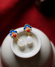 Beautiful White Sterling Silver Overgild Jade Agate Enamel Auspicious Cloud Drop Earrings