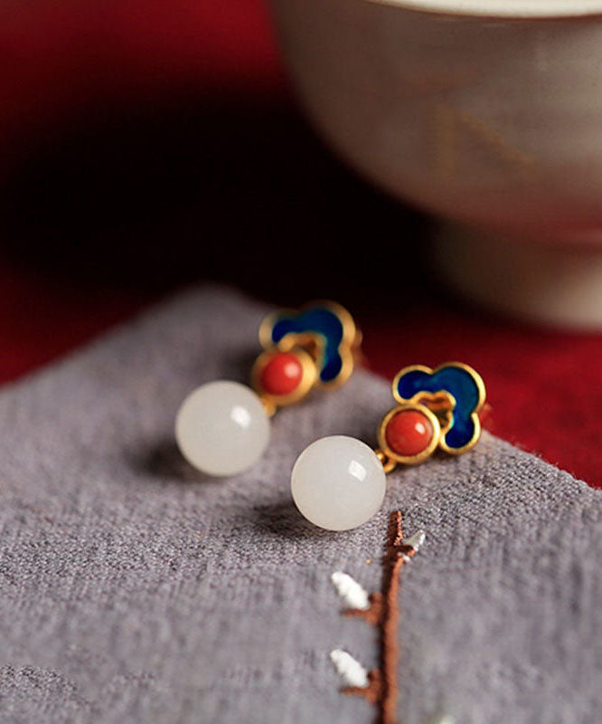 Beautiful White Sterling Silver Overgild Jade Agate Enamel Auspicious Cloud Drop Earrings