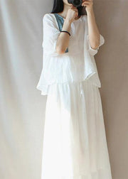 Beautiful White Top Silhouette O Neck Lantern Sleeve Plus Size Clothing Blouses - bagstylebliss