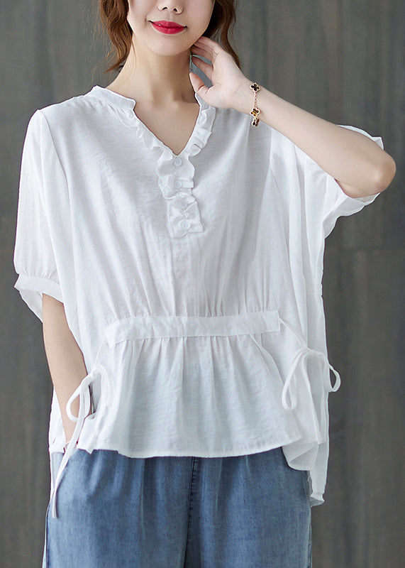 Beautiful White V Neck Drawstring Ruffled Tank Tops Short Sleeve