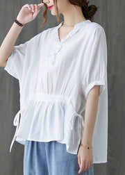 Beautiful White V Neck Drawstring Ruffled Tank Tops Short Sleeve