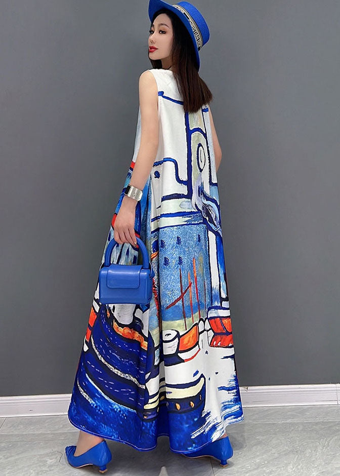 Beautiful White V Neck Graphic Print Chiffon A Line Long Dress Sleeveless