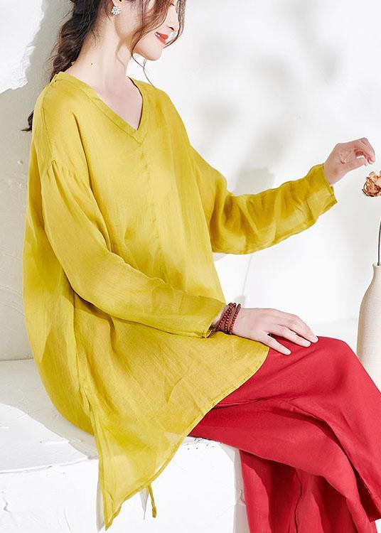 Beautiful Yellow Casual V Neck Asymmetrical Design Summer Ramie Shirt Long sleeve - bagstylebliss