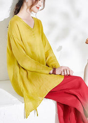 Beautiful Yellow Casual V Neck Asymmetrical Design Summer Ramie Shirt Long sleeve - bagstylebliss