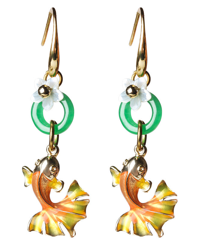 Beautiful Yellow Green Cloisonne Shell Flower Chalcedony Goldfish Drop Earrings