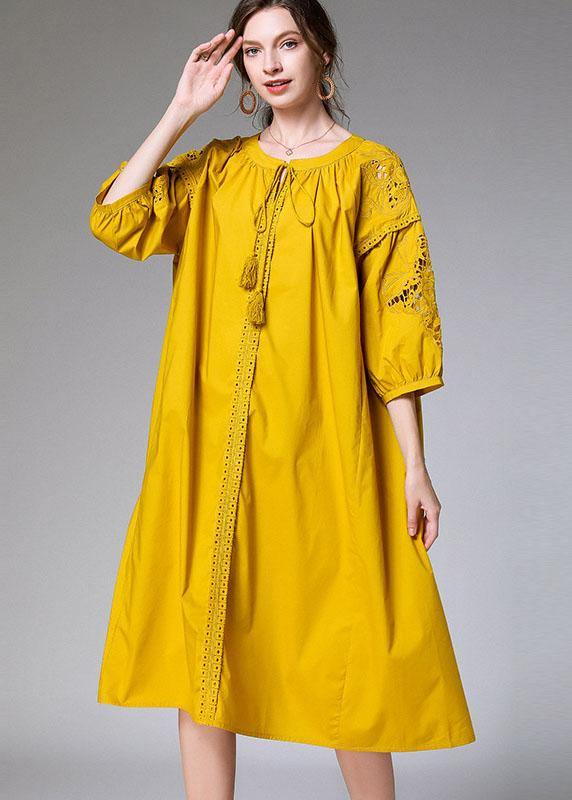 Beautiful Yellow Hollow Out Embroideried Spring Three Quarter Sleeve Mid Dress - bagstylebliss