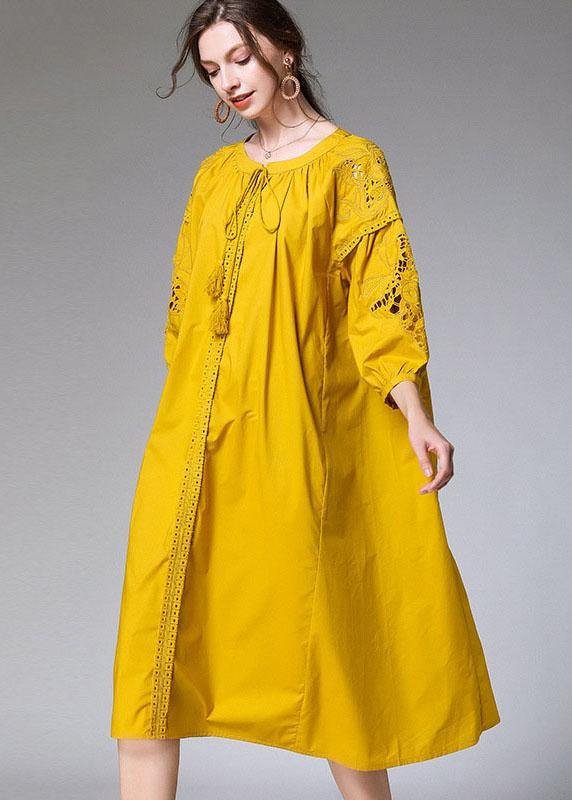 Beautiful Yellow Hollow Out Embroideried Spring Three Quarter Sleeve Mid Dress - bagstylebliss