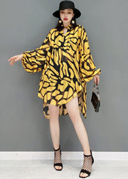 Beautiful Yellow Peter Pan Collar Print Side Open Chiffon Long Shirt Lantern Sleeve