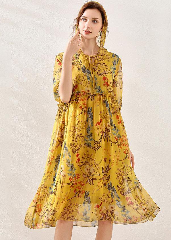 Beautiful Yellow Print Hooded Patchwork Summer Chiffon Summer Dresses - bagstylebliss