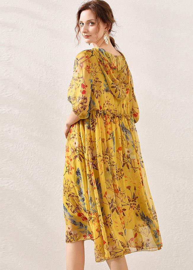 Beautiful Yellow Print Hooded Patchwork Summer Chiffon Summer Dresses - bagstylebliss