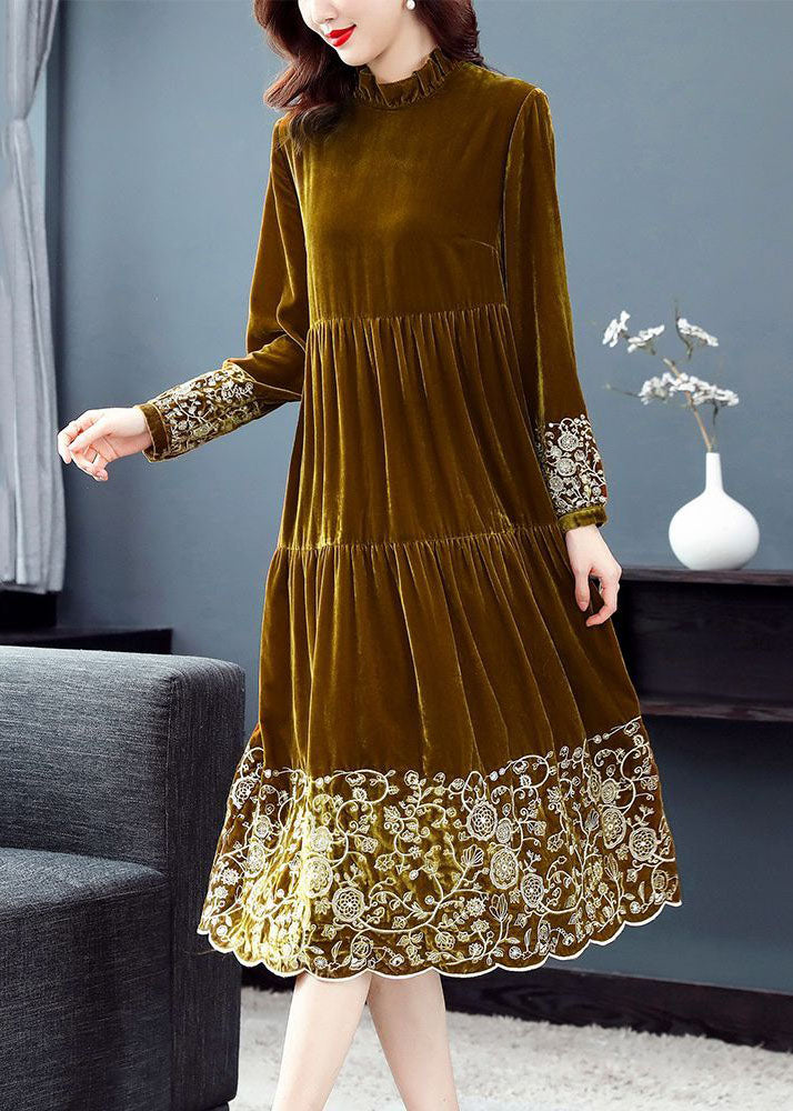 Beautiful Yellow Ruffled Patchwork Print Velour Dress Spring