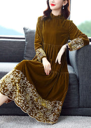 Beautiful Yellow Ruffled Patchwork Print Velour Dress Spring