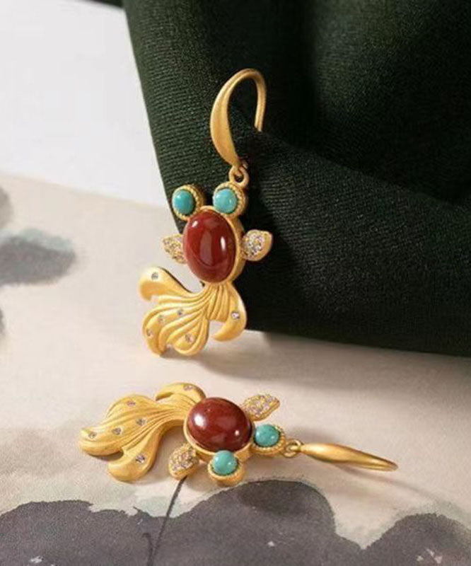 Beautiful Yellow Sterling Silver Overgild Agate Zircon Turquoise Goldfish Drop Earrings