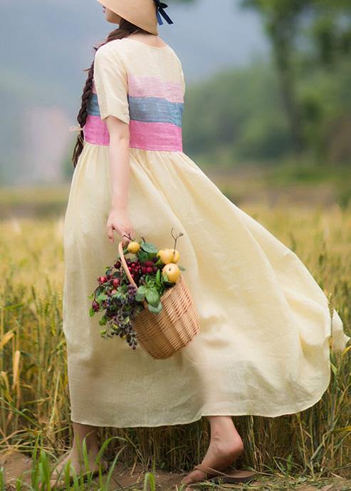 Beautiful Yellow Tunic Dress O Neck Patchwork Traveling Summer Dresses - bagstylebliss