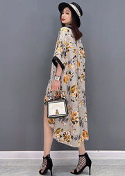 Beautiful Yellow V Neck Asymmetrical Print Chiffon Beach Dress Batwing Sleeve