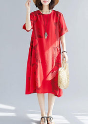 Beautiful big pockets cotton clothes Women Sleeve red prints wild cotton robes Dress summer - bagstylebliss