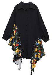 Beautiful black Cotton dress side patchwork Plus Size fall shirt Dress - bagstylebliss