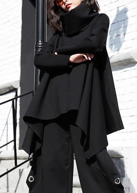 Beautiful black cotton clothes For Women asymmetric hem oversized high neck tops - bagstylebliss