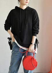 Beautiful black cotton shirts women hooded drawstring Plus Size Clothing fall top - bagstylebliss