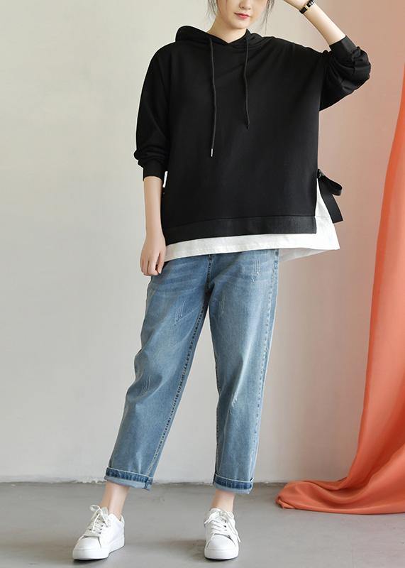 Beautiful black cotton shirts women hooded drawstring Plus Size Clothing fall top - bagstylebliss