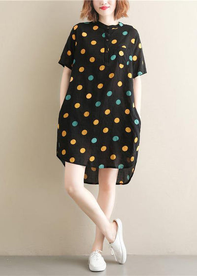 Beautiful black dotted Cotton Tunics stand collar pockets Plus Size summer Dress - bagstylebliss