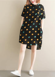 Beautiful black dotted Cotton Tunics stand collar pockets Plus Size summer Dress - bagstylebliss
