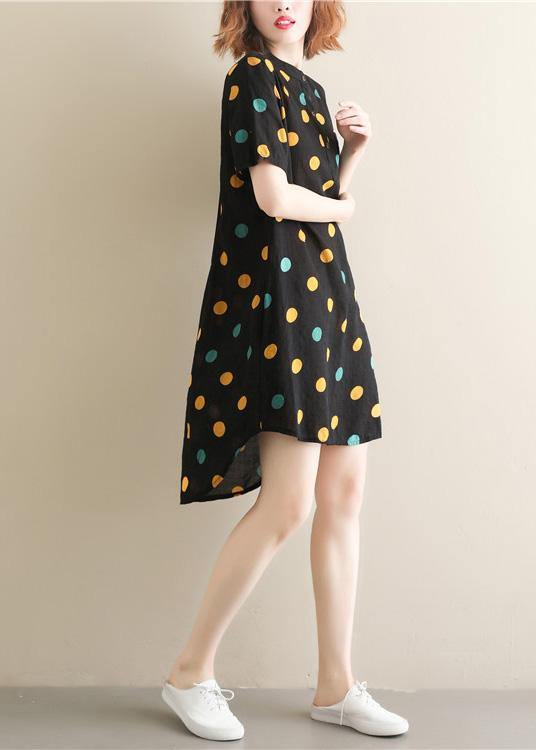 Beautiful black dotted Cotton Tunics stand collar pockets Plus Size summer Dress - bagstylebliss