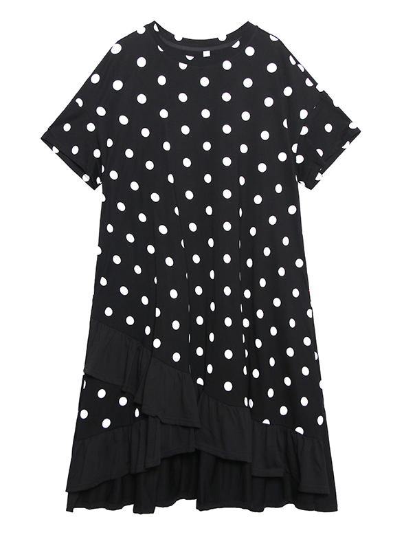 Beautiful black dotted cotton tunics for women o neck Ruffles Dress - bagstylebliss