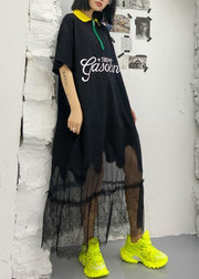 Beautiful black embroidery cotton clothes lapel patchwork tulle Traveling Dresses - bagstylebliss