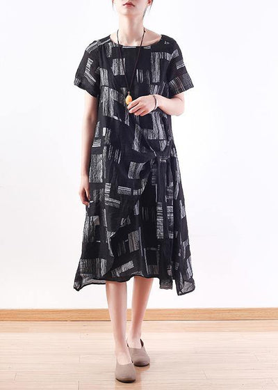 Beautiful black linen clothes tie waist long summer prints Dresses - bagstylebliss