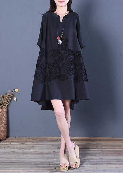 Beautiful black linen dress v neck low high design cotton summer Dress - bagstylebliss