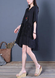 Beautiful black linen dress v neck low high design cotton summer Dress - bagstylebliss