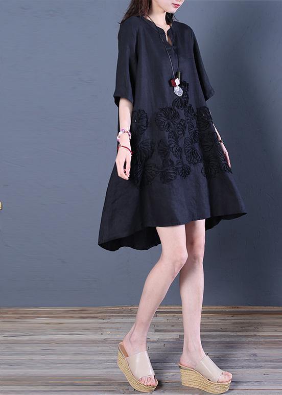 Beautiful black linen dress v neck low high design cotton summer Dress - bagstylebliss