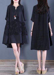 Beautiful black linen dress v neck low high design cotton summer Dress - bagstylebliss