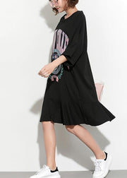 Beautiful black print linen Tunics Vintage Shape o neck short spring Dress