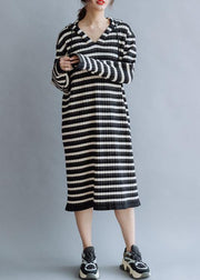 Beautiful black striped cotton quilting dresses hooded Kaftan fall Dress - bagstylebliss