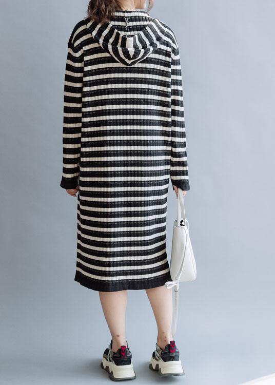 Beautiful black striped cotton quilting dresses hooded Kaftan fall Dress - bagstylebliss