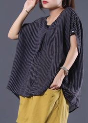 Beautiful black striped linen clothes For Women v neck baggy summer top - bagstylebliss