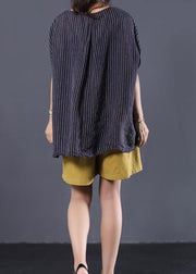 Beautiful black striped linen clothes For Women v neck baggy summer top - bagstylebliss