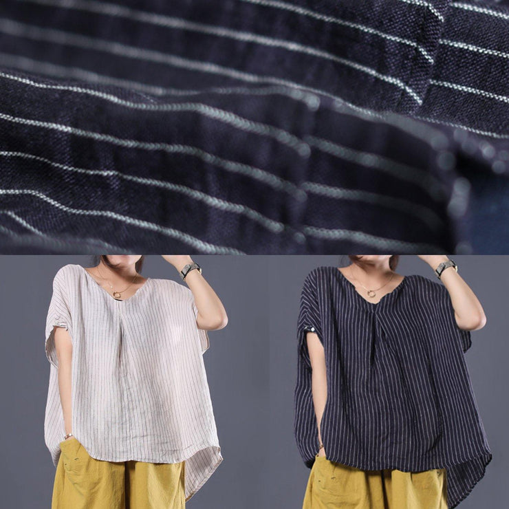 Beautiful black striped linen clothes For Women v neck baggy summer top - bagstylebliss