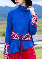 Beautiful blue cotton crane tops embroidery box high neck blouse - bagstylebliss