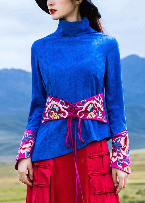 Beautiful blue cotton crane tops embroidery box high neck blouse - bagstylebliss