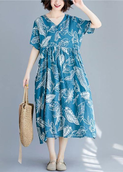 Beautiful blue print linen clothes For Women v neck Cinched cotton summer Dresses - bagstylebliss