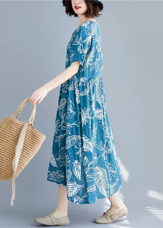 Beautiful blue print linen clothes For Women v neck Cinched cotton summer Dresses - bagstylebliss